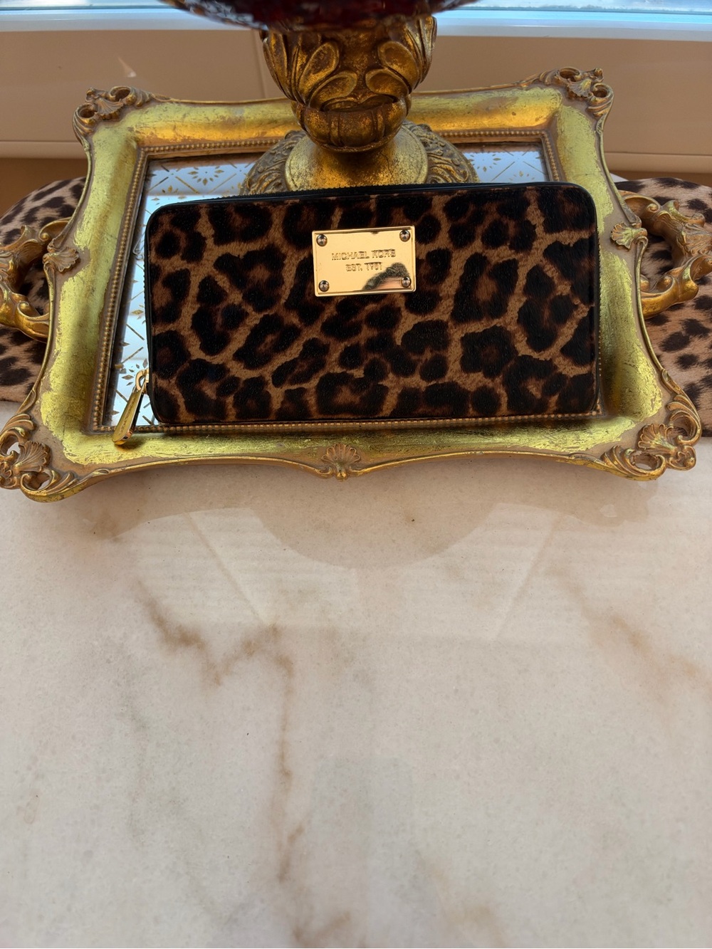 Michael Kors Leopard Print Zip Wallet with Gold Plate
